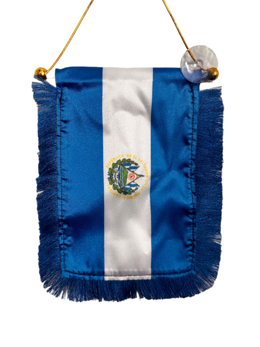 El Salvador Flag Banner - 4x6 Fringy Window Hanging Flag - Mini Flag Banner & Car Rearview Mirror Decor - Fringed & Double Sided - Hanging Flag with Suction Cup