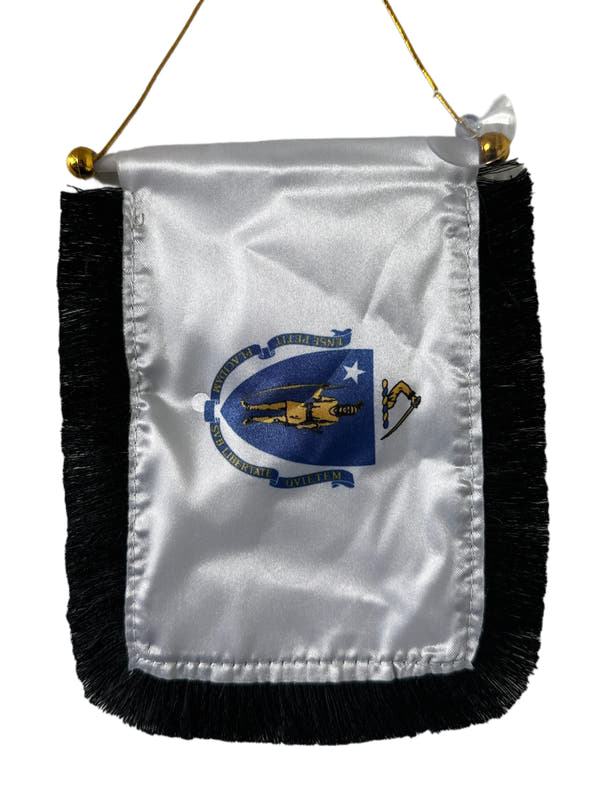 Massachusetts Flag Hanging Banner - 4x6 Fringy Window Hanging Flag - Mini Flag Banner & Car Rearview Mirror Decor - Fringed & Double Sided - Hanging Flag with Suction Cup