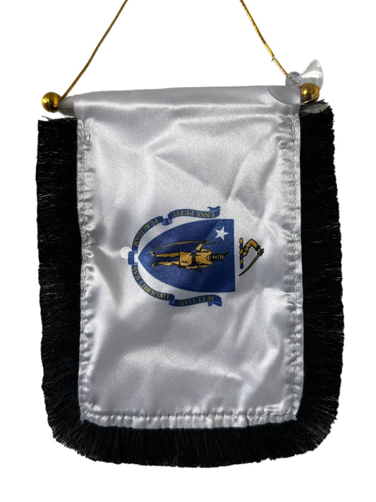 Massachusetts Flag Hanging Banner - 4x6 Fringy Window Hanging Flag - Mini Flag Banner & Car Rearview Mirror Decor - Fringed & Double Sided - Hanging Flag with Suction Cup