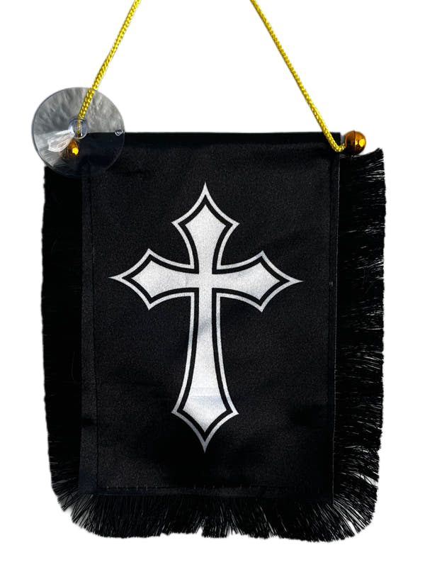 Cross Hanging Banner - 4x6 Fringy Window Hanging Flag - Mini Flag Banner & Car Rearview Mirror Decor - Fringed & Double Sided - Hanging Flag with Suction Cup
