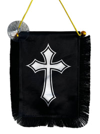 Cross Hanging Banner - 4x6 Fringy Window Hanging Flag - Mini Flag Banner & Car Rearview Mirror Decor - Fringed & Double Sided - Hanging Flag with Suction Cup