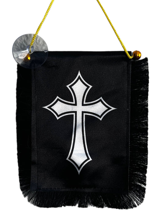 Cross Hanging Banner - 4x6 Fringy Window Hanging Flag - Mini Flag Banner & Car Rearview Mirror Decor - Fringed & Double Sided - Hanging Flag with Suction Cup
