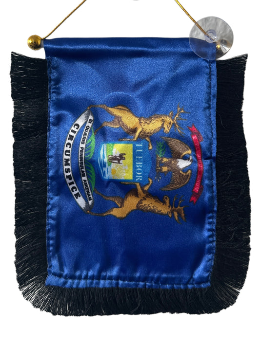 Michigan Flag Hanging Banner - 4x6 Fringy Window Hanging Flag - Mini Flag Banner & Car Rearview Mirror Decor - Fringed & Double Sided - Hanging Flag with Suction Cup