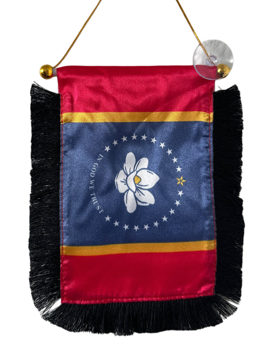 Mississippi Flag Hanging Banner - 4x6 Fringy Window Hanging Flag - Mini Flag Banner & Car Rearview Mirror Decor - Fringed & Double Sided - Hanging Flag with Suction Cup