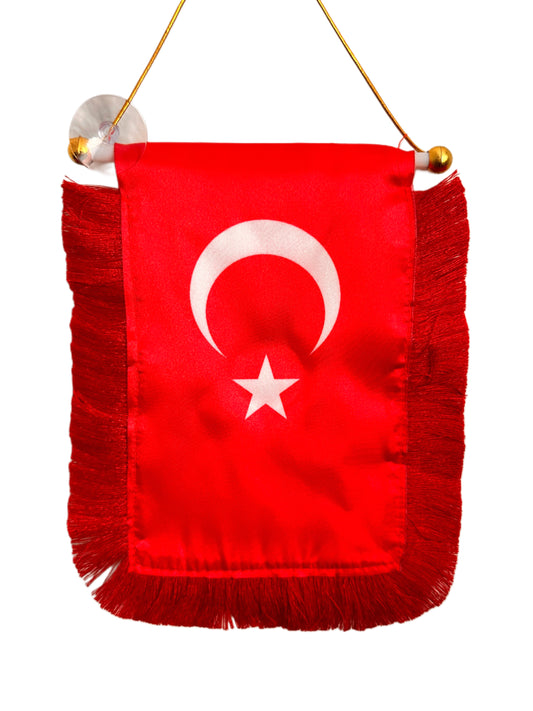 Turkey Flag Banner - 4x6 Fringy Window Hanging Flag - Mini Flag Banner & Car Rearview Mirror Decor - Fringed & Double Sided - Hanging Flag with Suction Cup