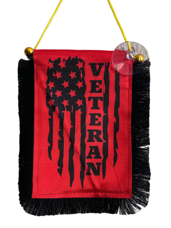 Veteran Hanging Banner - 4x6 Fringy Window Hanging Flag - Mini Flag Banner & Car Rearview Mirror Decor - Fringed & Double Sided - Hanging Flag with Suction Cup
