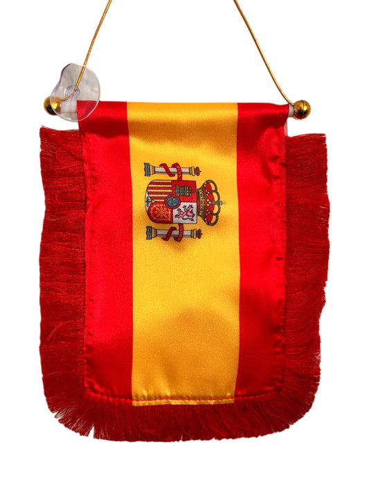 Spain Flag Banner - 4x6 Fringy Window Hanging Flag - Mini Flag Banner & Car Rearview Mirror Decor - Fringed & Double Sided - Hanging Flag with Suction Cup