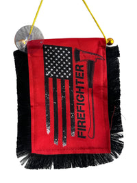 Firefighter Hanging Banner - 4x6 Fringy Window Hanging Flag - Mini Flag Banner & Car Rearview Mirror Decor - Fringed & Double Sided - Hanging Flag with Suction Cup