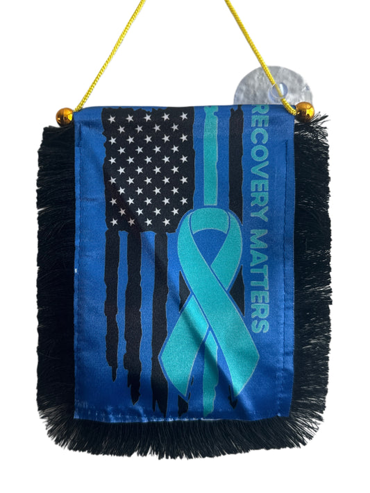 Recovery Matters Hanging Banner - 4x6 Fringy Window Hanging Flag - Mini Flag Banner & Car Rearview Mirror Decor - Fringed & Double Sided - Hanging Flag with Suction Cup