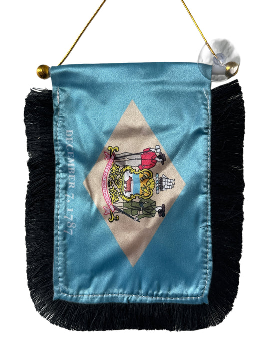 Delaware Flag Hanging Banner - 4x6 Fringy Window Hanging Flag - Mini Flag Banner & Car Rearview Mirror Decor - Fringed & Double Sided - Hanging Flag with Suction Cup