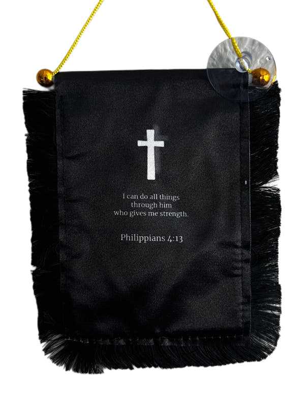 Scripture Hanging Banner - 4x6 Fringy Window Hanging Flag - Mini Flag Banner & Car Rearview Mirror Decor - Fringed & Double Sided - Hanging Flag with Suction Cup