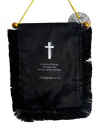 Scripture Hanging Banner - 4x6 Fringy Window Hanging Flag - Mini Flag Banner & Car Rearview Mirror Decor - Fringed & Double Sided - Hanging Flag with Suction Cup