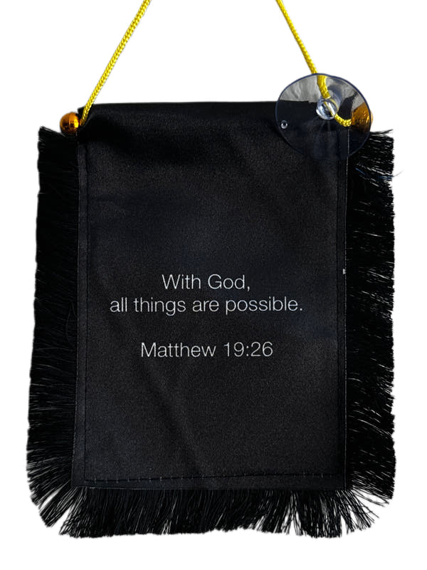 Scripture Hanging Banner - 4x6 Fringy Window Hanging Flag - Mini Flag Banner & Car Rearview Mirror Decor - Fringed & Double Sided - Hanging Flag with Suction Cup