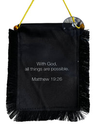 Scripture Hanging Banner - 4x6 Fringy Window Hanging Flag - Mini Flag Banner & Car Rearview Mirror Decor - Fringed & Double Sided - Hanging Flag with Suction Cup