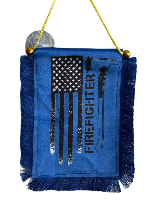 Firefighter Hanging Banner - 4x6 Fringy Window Hanging Flag - Mini Flag Banner & Car Rearview Mirror Decor - Fringed & Double Sided - Hanging Flag with Suction Cup