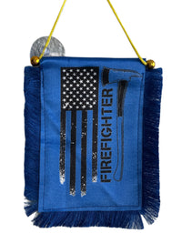 Firefighter Hanging Banner - 4x6 Fringy Window Hanging Flag - Mini Flag Banner & Car Rearview Mirror Decor - Fringed & Double Sided - Hanging Flag with Suction Cup