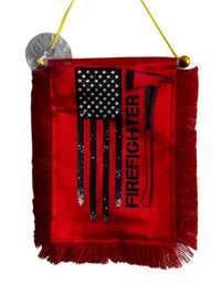 Firefighter Hanging Banner - 4x6 Fringy Window Hanging Flag - Mini Flag Banner & Car Rearview Mirror Decor - Fringed & Double Sided - Hanging Flag with Suction Cup