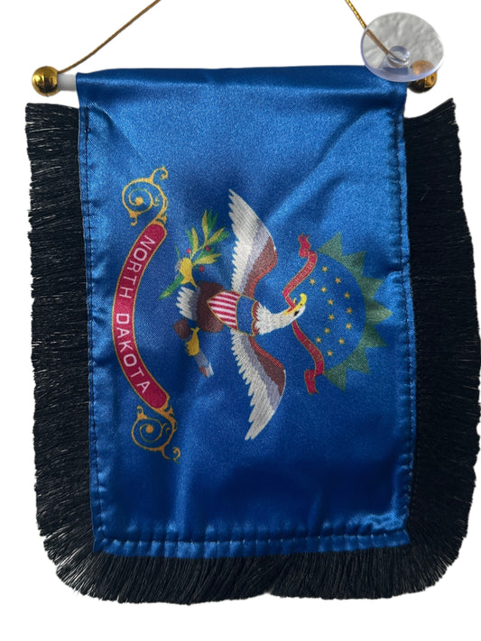 North Dakota Flag Hanging Banner - 4x6 Fringy Window Hanging Flag - Mini Flag Banner & Car Rearview Mirror Decor - Fringed & Double Sided - Hanging Flag with Suction Cup