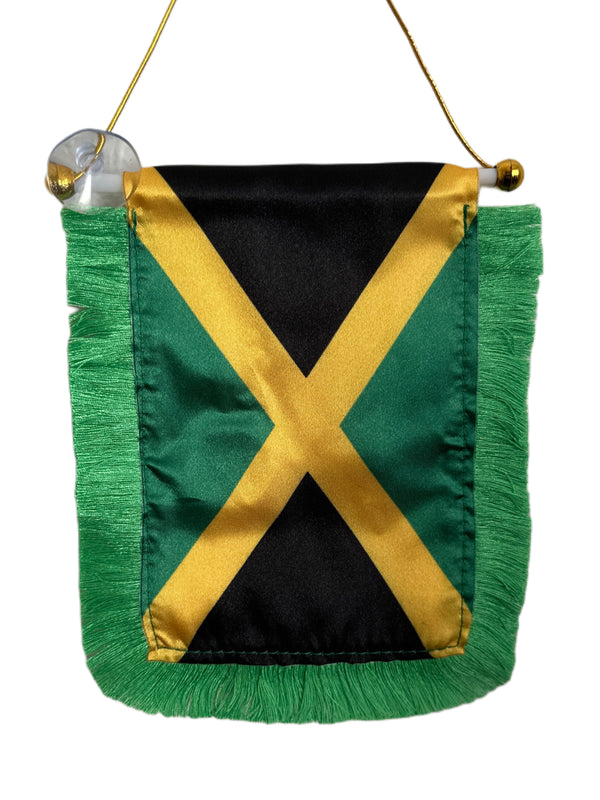 Jamaica Flag Banner - 4x6 Fringy Window Hanging Flag - Mini Flag Banner & Car Rearview Mirror Decor - Fringed & Double Sided - Hanging Flag with Suction Cup