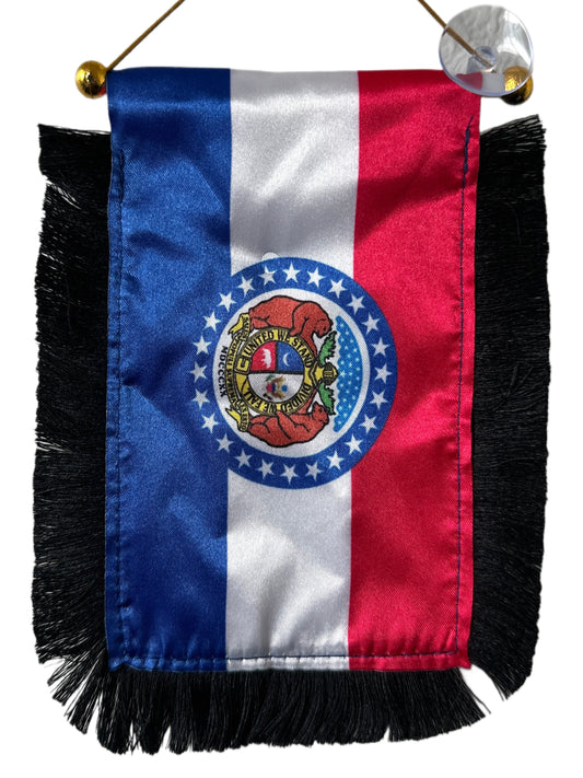 Missouri Flag Hanging Banner - 4x6 Fringy Window Hanging Flag - Mini Flag Banner & Car Rearview Mirror Decor - Fringed & Double Sided - Hanging Flag with Suction Cup