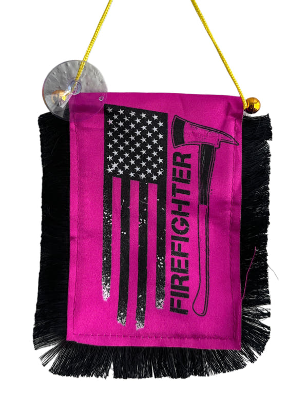 Firefighter Hanging Banner - 4x6 Fringy Window Hanging Flag - Mini Flag Banner & Car Rearview Mirror Decor - Fringed & Double Sided - Hanging Flag with Suction Cup