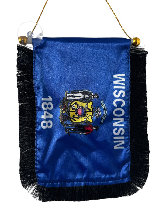 Wisconsin Flag Hanging Banner - 4x6 Fringy Window Hanging Flag - Mini Flag Banner & Car Rearview Mirror Decor - Fringed & Double Sided - Hanging Flag with Suction Cup