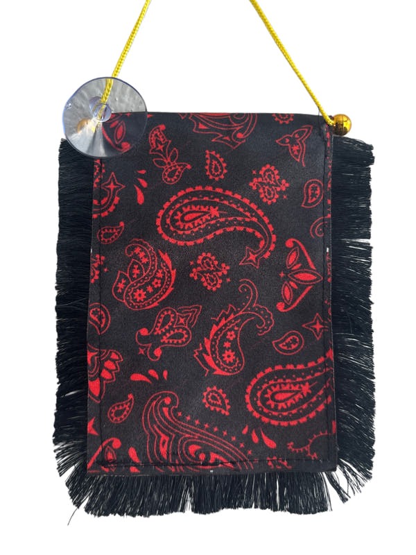 Red Paisley Hanging Banner - 4x6 Fringy Window Hanging Flag - Mini Flag Banner & Car Rearview Mirror Decor - Fringed & Double Sided - Hanging Flag with Suction Cup