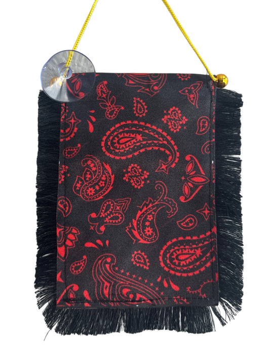 Red Paisley Hanging Banner - 4x6 Fringy Window Hanging Flag - Mini Flag Banner & Car Rearview Mirror Decor - Fringed & Double Sided - Hanging Flag with Suction Cup