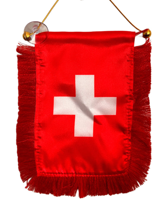 Switzerland Flag Banner - 4x6 Fringy Window Hanging Flag - Mini Flag Banner & Car Rearview Mirror Decor - Fringed & Double Sided - Hanging Flag with Suction Cup