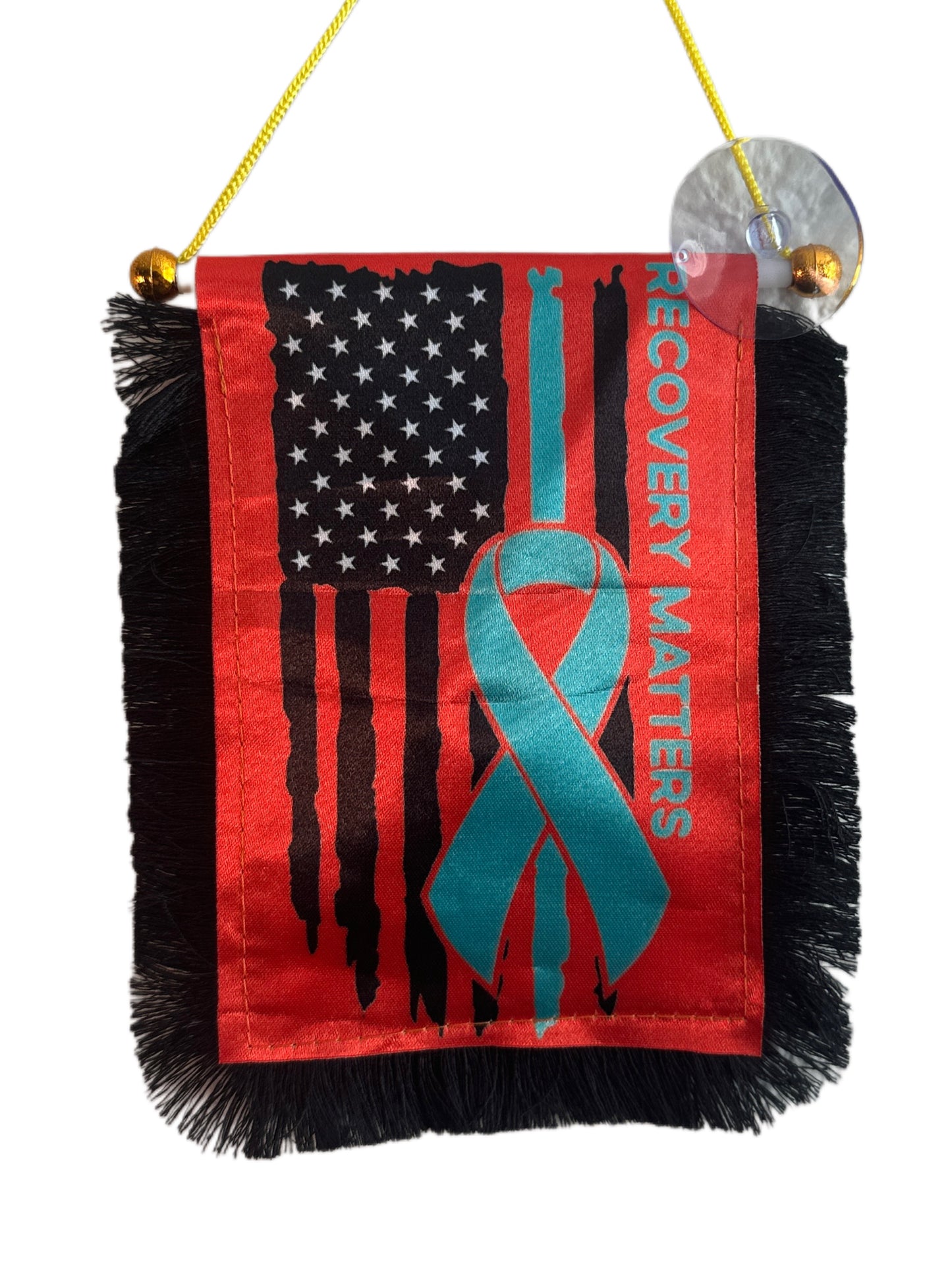 Recovery Matters Hanging Banner - 4x6 Fringy Window Hanging Flag - Mini Flag Banner & Car Rearview Mirror Decor - Fringed & Double Sided - Hanging Flag with Suction Cup