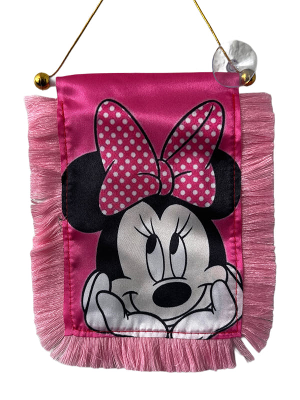 Minne Mouse Classic Hanging Banner - 4x6 Fringy Window Hanging Flag - Mini Flag Banner & Car Rearview Mirror Decor - Fringed & Double Sided - Hanging Flag with Suction Cup