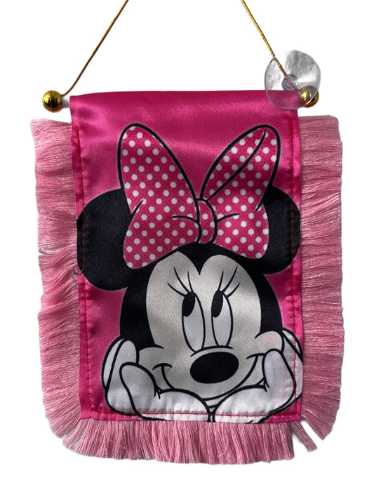 Minne Mouse Classic Hanging Banner - 4x6 Fringy Window Hanging Flag - Mini Flag Banner & Car Rearview Mirror Decor - Fringed & Double Sided - Hanging Flag with Suction Cup