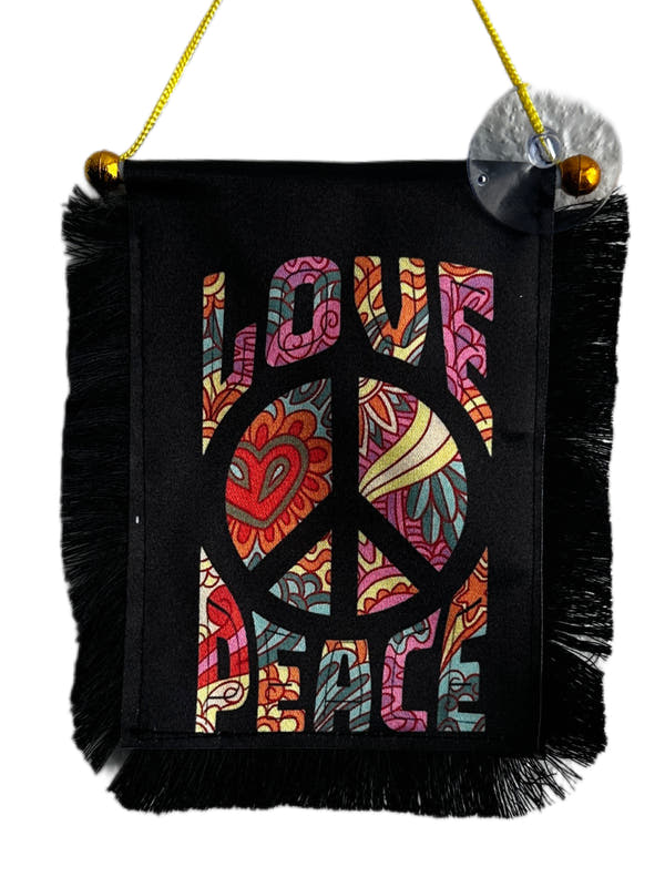 Love and Peace Hanging Banner - 4x6 Fringy Window Hanging Flag - Mini Flag Banner & Car Rearview Mirror Decor - Fringed & Double Sided - Hanging Flag with Suction Cup