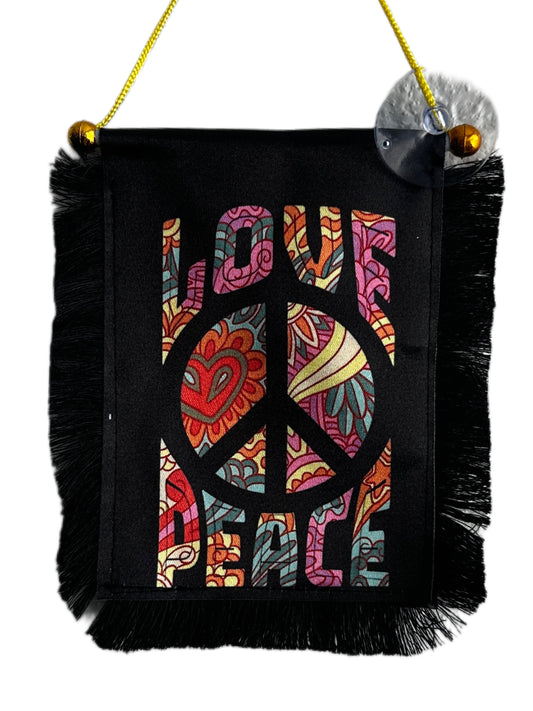 Love and Peace Hanging Banner - 4x6 Fringy Window Hanging Flag - Mini Flag Banner & Car Rearview Mirror Decor - Fringed & Double Sided - Hanging Flag with Suction Cup