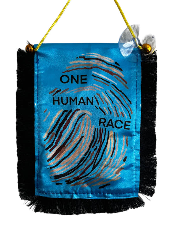 One Human Race Hanging Banner - 4x6 Fringy Window Hanging Flag - Mini Flag Banner & Car Rearview Mirror Decor - Fringed & Double Sided - Hanging Flag with Suction Cup