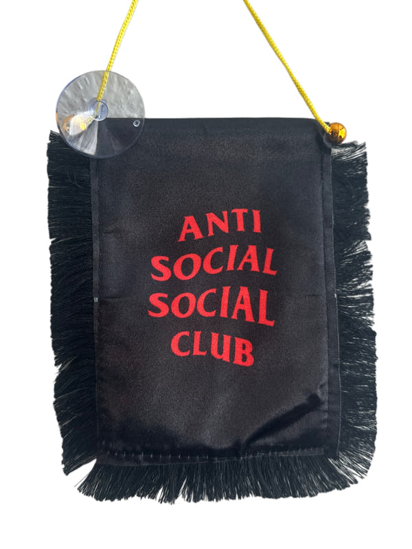 Anti Social Hanging Banner - 4x6 Fringy Window Hanging Flag - Mini Flag Banner & Car Rearview Mirror Decor - Fringed & Double Sided - Hanging Flag with Suction Cup