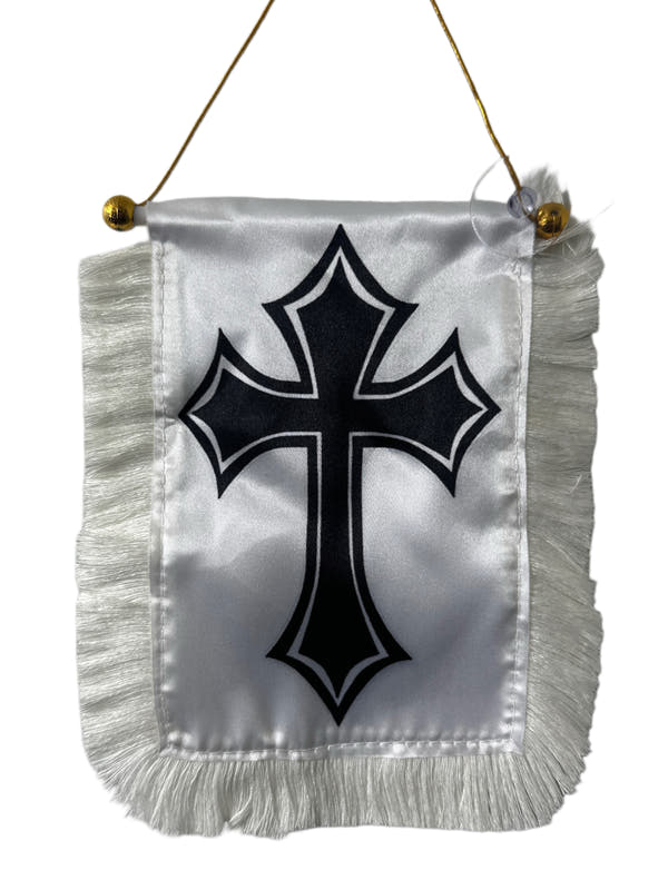 Cross Hanging Banner - 4x6 Fringy Window Hanging Flag - Mini Flag Banner & Car Rearview Mirror Decor - Fringed & Double Sided - Hanging Flag with Suction Cup