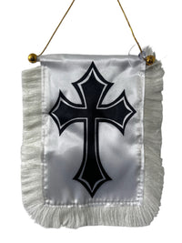 Cross Hanging Banner - 4x6 Fringy Window Hanging Flag - Mini Flag Banner & Car Rearview Mirror Decor - Fringed & Double Sided - Hanging Flag with Suction Cup